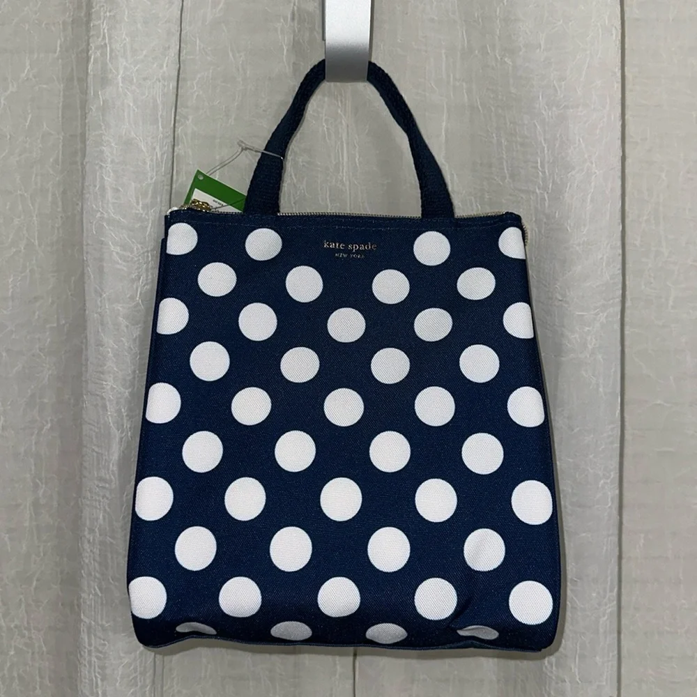 kate spade Navy White Jumbo Polka Dot Gold Tone Zip Lunch Bag NWT